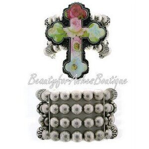Rustic Victorian Cross Floral Pastel Silver Beaded Chunky Wide Stretch Bracelet